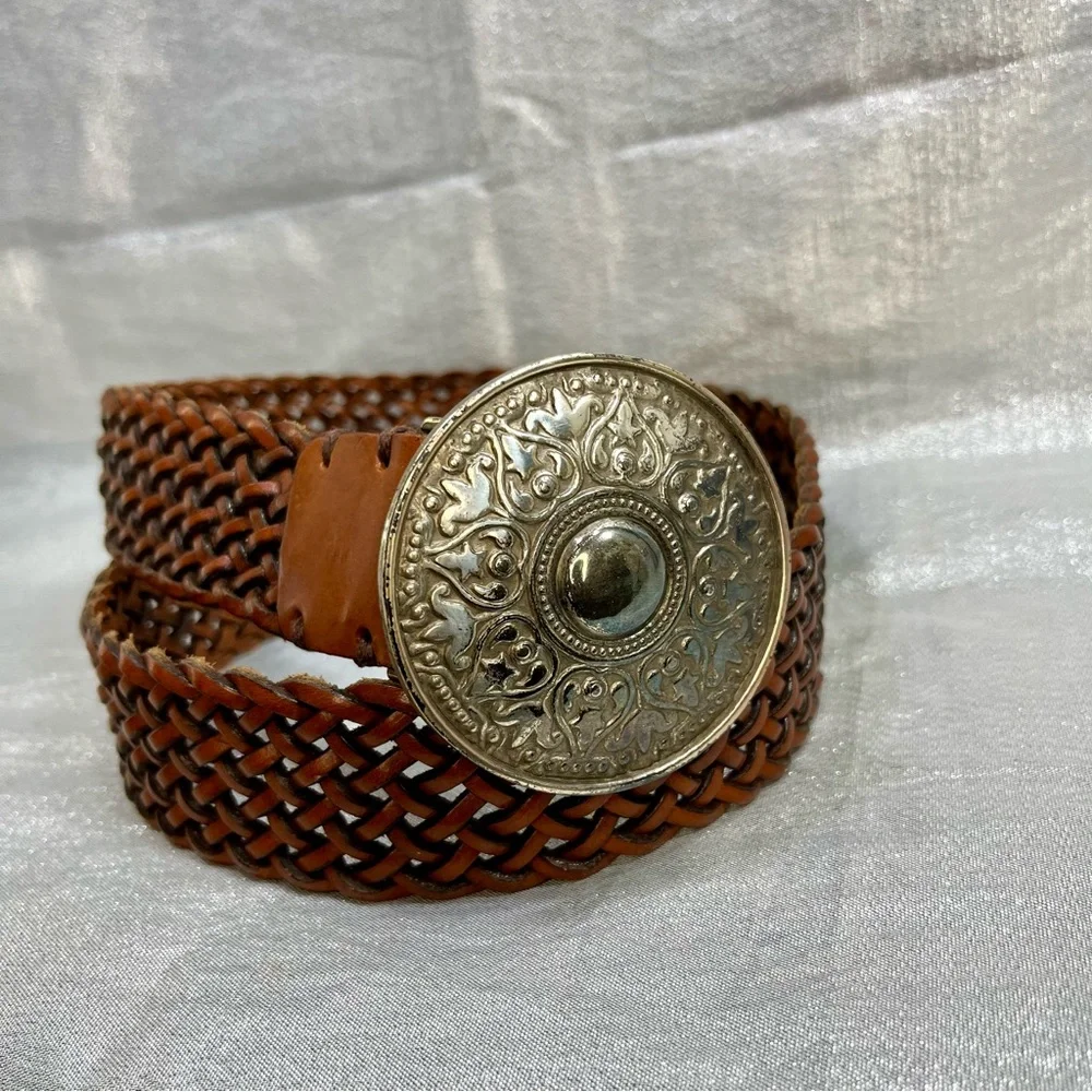 FOSSIL Leather Woven Brown Belt with Silver Buckle Women's Size M